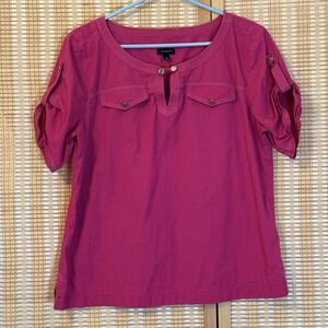 Talbots Womens 14 Short Sleeve Magenta Poplin Shirt‎ Festival Vacation Casual